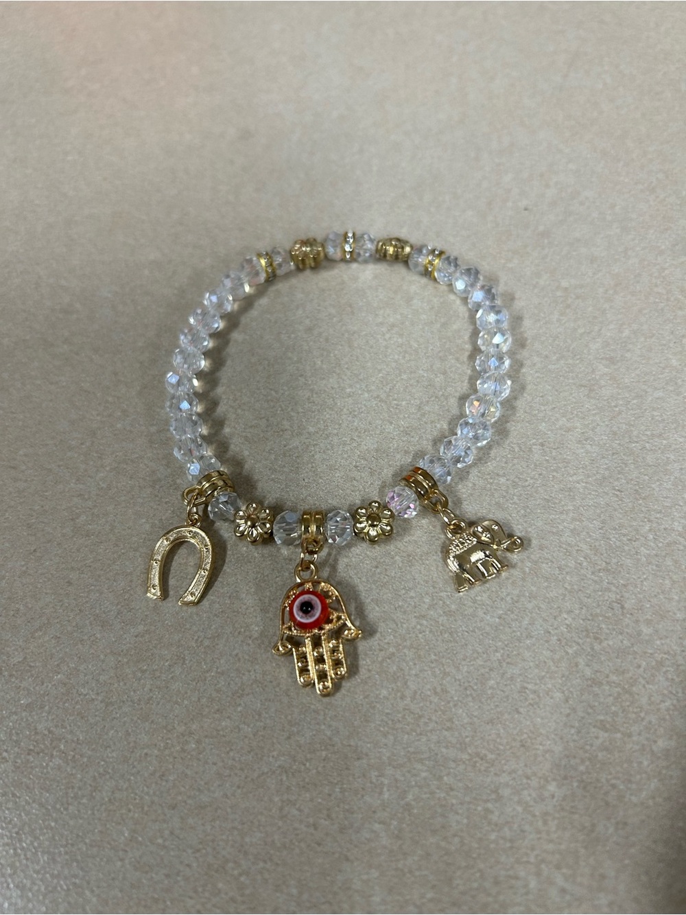 Gold Hamsa & Horseshoe Charm Beaded Bracelet